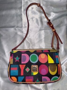 Dooney & Bourke Black Multicolor Logo shoulder bag with Tan Strap